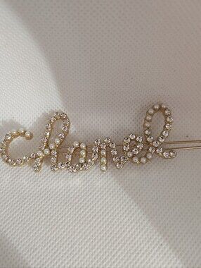 Gold Crystal and Pearl Signature Script Hair Pin